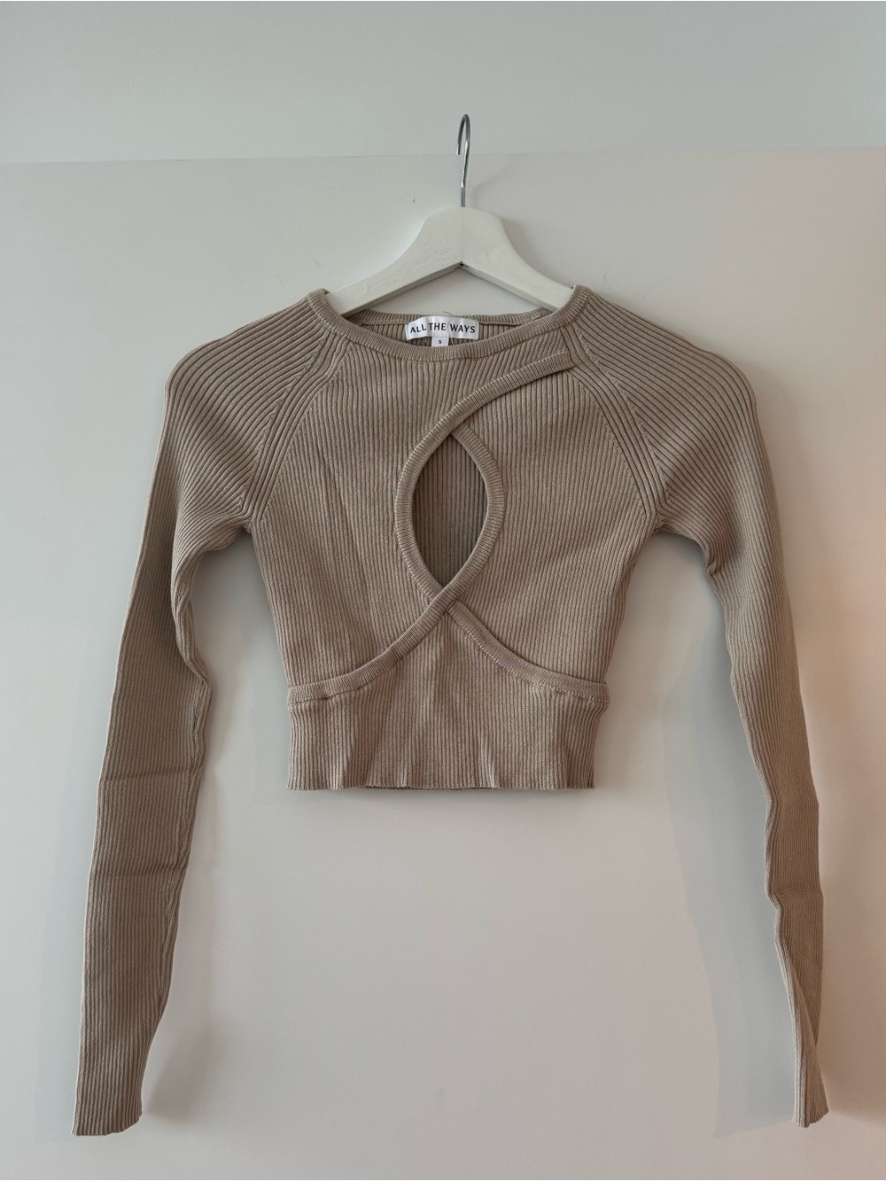 Revolve Beige Ribbed Cutout Long-Sleeve Crop Top